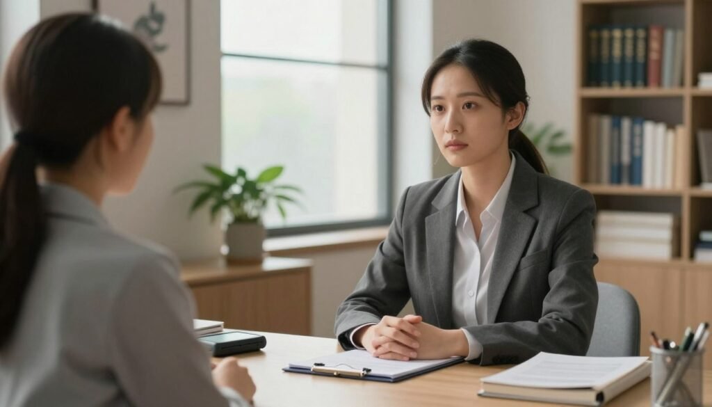 A serene and professional setting showcasing a consultation room for mental health evaluations. In the foreground, a therapist in smart business attire is seated at a desk, attentively listening to a client sitting across from them. The therapist has a notepad and a diagnostic tool visible. In the middle ground, a large window allows soft, natural light to illuminate the room, creating a warm and inviting atmosphere. Calming artwork hangs on the walls, and a plant adds a touch of greenery to the space. In the background, a bookshelf filled with psychology books signifies knowledge and expertise. The mood is one of professionalism, trust, and support, emphasizing the significance of thorough evaluations in diagnosing social phobia.