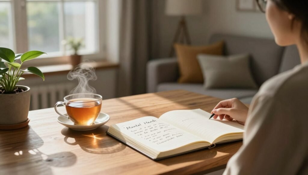 A serene and reflective workspace depicting signs of mental health awareness. In the foreground, a wooden desk with an open notebook featuring hand-written notes about mental health signs, alongside a steaming cup of herbal tea. In the middle, a tranquil indoor setting showcasing a potted plant and natural light streaming through a window, casting soft shadows. The background reveals a calm and cozy room, with a couch adorned with cushions, inviting a sense of comfort and safety. The lighting is warm and inviting, creating a soothing atmosphere. Ensure any human figures present are dressed in modest casual clothing, engaged in a thoughtful discussion or moments of introspection. Emphasize a mood of mindfulness and encouragement, reflecting the importance of paying attention to mental health signs.