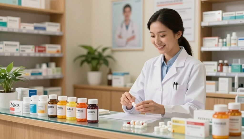 A serene and softly lit pharmacy or medical environment filled with various antidepressant medications displayed on wooden shelves. In the foreground, a glass countertop showcases an assortment of colorful pill bottles, labeled clearly but without text, illustrating different types and classes of antidepressants like SSRIs, SNRIs, and tricyclics. The middle ground features a friendly pharmacist in professional attire, calmly organizing the medications, reflecting a sense of care and professionalism. In the background, softly blurred shelves with plants and subtle medical posters enhance the atmosphere of healing and support. The overall mood is compassionate and informative, with warm lighting creating a welcoming environment. The angle is slightly elevated, capturing both the medications and the compassionate pharmacist effectively. A serene and softly lit pharmacy or medical environment filled with various antidepressant medications displayed on wooden shelves. In the foreground, a glass countertop showcases an assortment of colorful pill bottles, labeled clearly but without text, illustrating different types and classes of antidepressants like SSRIs, SNRIs, and tricyclics. The middle ground features a friendly pharmacist in professional attire, calmly organizing the medications, reflecting a sense of care and professionalism. In the background, softly blurred shelves with plants and subtle medical posters enhance the atmosphere of healing and support. The overall mood is compassionate and informative, with warm lighting creating a welcoming environment. The angle is slightly elevated, capturing both the medications and the compassionate pharmacist effectively.