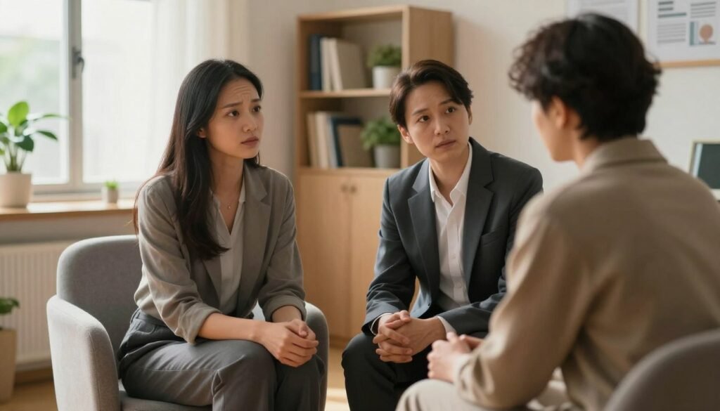 A serene and supportive office environment featuring a professional, calm psychiatrist and a patient sitting across from each other. The psychiatrist, dressed in smart business attire, is listening attentively, conveying empathy and understanding. The patient, in modest casual clothing, appears visibly relieved as they share their feelings about burnout. In the background, a softly lit room with warm lighting emanates a sense of comfort, complete with plants, bookshelves, and a window allowing natural light to flow in, symbolizing hope and recovery. The scene is captured with a soft-focus lens effect to emphasize the emotional connection between the two characters. Overall, the mood conveys tranquility and a safe space for discussing mental health challenges, highlighting the importance of professional support in overcoming burnout.
