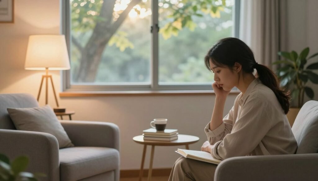 A serene and supportive therapy environment showcasing a therapist's office designed to convey hope and healing for those suffering from deep depression. In the foreground, a cozy armchair occupies a corner, softly lit by a warm lamp, emphasizing a welcoming atmosphere. The middle area features a small table with a coffee cup and a stack of self-help books. In the background, a large window reveals a tranquil nature scene with sunlight filtering through gentle tree leaves, symbolizing light breaking through darkness. The overall lighting is soft and calming, with a focus on pastel colors to evoke a sense of peace and reassurance. The mood is empathetic and comforting, encouraging connection and understanding in the journey toward recovery.