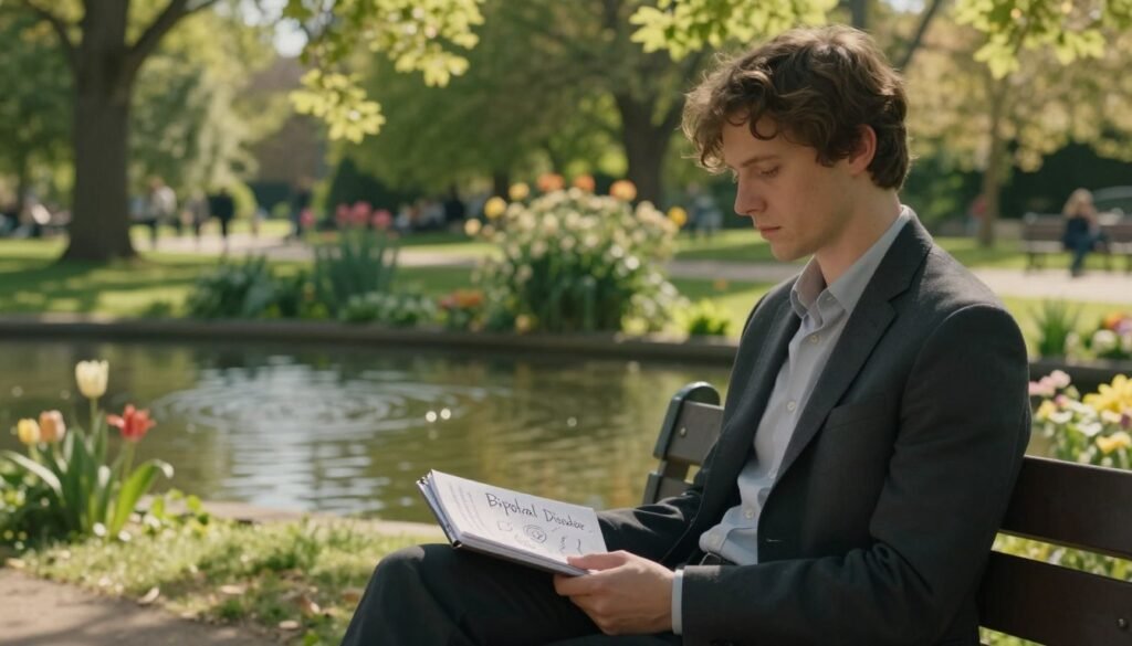 A serene and thoughtful scene depicting an individual sitting on a bench in a peaceful park, dressed in smart casual clothing, reflecting on their experiences with bipolar disorder. In the foreground, capture the individual with a pensive expression, holding a notebook filled with notes and drawings about bipolar disorder. In the middle ground, show gentle rippling water from a small pond surrounded by lush greenery and blooming flowers, symbolizing the emotional highs and lows. The background features soft sunlight filtering through the leaves of the trees, creating a warm and tranquil atmosphere. Use natural lighting to enhance the soft shadows, and a shallow depth of field to focus on the subject while subtly blurring the background, conveying a sense of introspection and understanding.