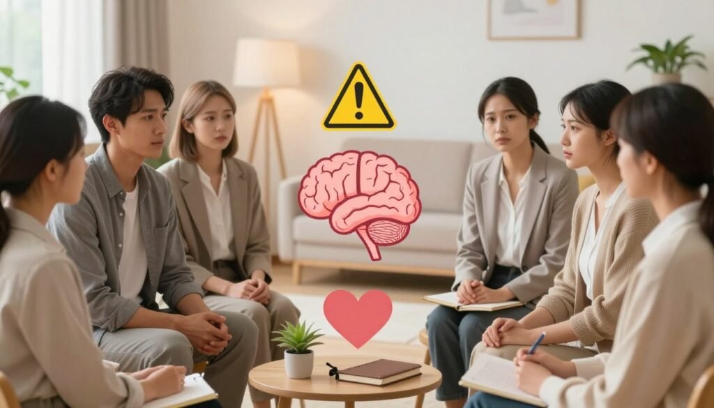 A serene and thoughtful scene that conveys mental health awareness. In the foreground, a diverse group of individuals (in professional business attire) engaged in a supportive discussion, displaying expressions of concern and understanding. The middle ground features thoughtful symbols of mental health, such as a brain illustration with warning signs, a heart, and mindfulness tools like a journal and a plant. In the background, a softly blurred indoor setting resembling a cozy therapy room with warm lighting, emphasizing a comforting atmosphere. The color palette should be soothing pastels, creating a tranquil mood. The overall composition should evoke a sense of care, understanding, and the importance of seeking help when needed.