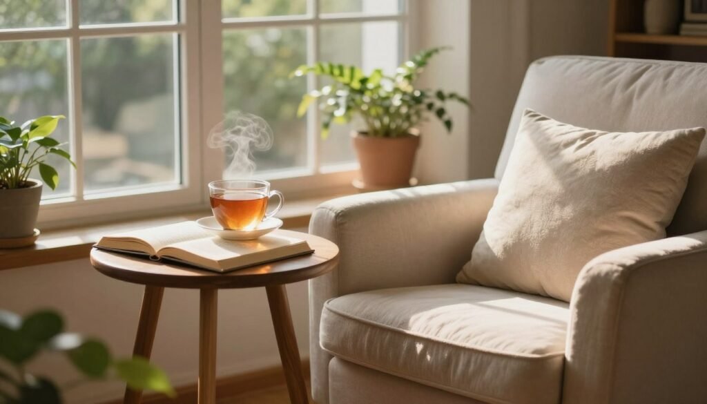 A serene and tranquil relaxation environment filled with natural light. In the foreground, a plush, light-colored armchair adorned with soft throw pillows, situated by a large window allowing golden sunlight to cascade in. In the middle, a small wooden side table holds a steaming cup of herbal tea and an open book, suggesting a moment of peaceful reading. The background features soft greenery from potted plants, enhancing the calming atmosphere. The lighting is warm and inviting, creating gentle shadows that add depth. The lens captures the scene from a slight angle to evoke a sense of depth and intimacy, conveying a cozy ambiance perfect for enhancing sleep quality. The overall mood is peaceful and restorative, ideal for promoting relaxation and improving sleep habits.