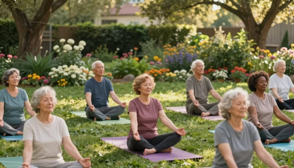 A serene and uplifting scene depicting mental health and well-being in aging. In the foreground, a diverse group of elderly individuals, including men and women of various ethnicities, are engaging in a gentle yoga class outdoors, dressed in modest, comfortable clothing. The middle ground features lush greenery and blooming flowers, symbolizing vitality and growth. In the background, soft light filters through tree branches, creating a warm, inviting atmosphere. The composition is captured from a slightly elevated angle, enhancing the sense of community and harmony. The overall mood is peaceful and hopeful, emphasizing the importance of mental health and wellness in later life stages.