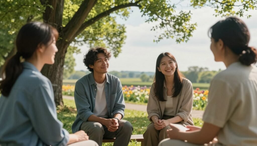 A serene and uplifting scene depicting recovery and well-being from burnout. In the foreground, a diverse group of four professionals in modest casual clothing are engaging in a supportive conversation, smiling and demonstrating positive body language. Their expressions reflect hope and renewed energy. In the middle ground, a calming outdoor setting with green trees and blooming flowers symbolizes growth and revitalization. Soft sunlight filters through the leaves, casting gentle dappled light on the scene. In the background, a peaceful horizon suggests an endless journey towards recovery. The atmosphere feels warm and encouraging, infused with a sense of community and optimism. The image should evoke feelings of tranquility and resilience, creating a visual representation of healing and improvement in quality of life.