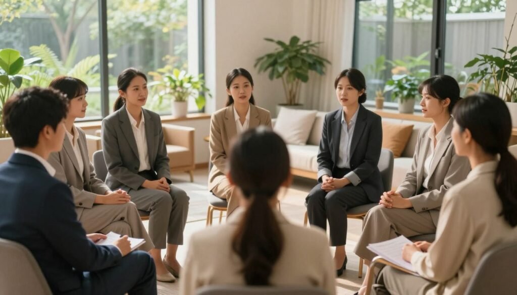 A serene and uplifting scene depicting the concept of mental health as a vital part of quality of life. In the foreground, a diverse group of individuals, dressed in professional business attire, are engaged in a supportive discussion in a calming, well-lit therapy room. The middle ground features a cozy seating area with soft, inviting couches and plants, promoting relaxation. In the background, large windows allow warm, natural light to fill the space, overlooking a tranquil garden. The atmosphere is one of warmth, compassion, and hope, emphasizing connection and understanding. Use a soft-focus lens effect to enhance the intimate feel, capturing the essence of mental well-being and support.