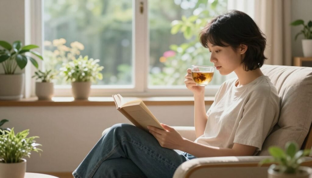 A serene and uplifting scene focused on mental health care. In the foreground, a cozy, inviting living space features a person seated on a comfortable chair, reading a book while sipping herbal tea, dressed in casual and modest clothing. Surrounding them are small plants and soft cushions, creating a relaxing atmosphere. In the middle ground, a window reveals a bright, sunny day, allowing natural light to fill the room, enhancing the feeling of peace. The background includes gentle hints of greenery outside, with soft-focus trees and flowers suggesting a tranquil garden. The overall mood is calm and contemplative, promoting a sense of well-being and mindfulness. The image captures the essence of daily practices that nourish mental health.