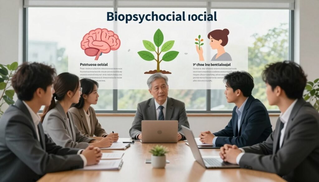 A serene and well-organized office setting representing the biopsychosocial model of mental health. In the foreground, a diverse group of professionals in business attire, engaged in a thoughtful discussion around a large table, illustrating the social aspect of wellness. In the middle, infographics depicting psychological and biological elements, such as brain activity and stress management techniques, blending into visual metaphors like plants symbolizing growth and stability. The background features soft lighting from large windows, with nature visible outside, fostering a sense of calm and connection. The mood is collaborative and inspiring, emphasizing the influence of biopsychosocial factors on overall well-being.