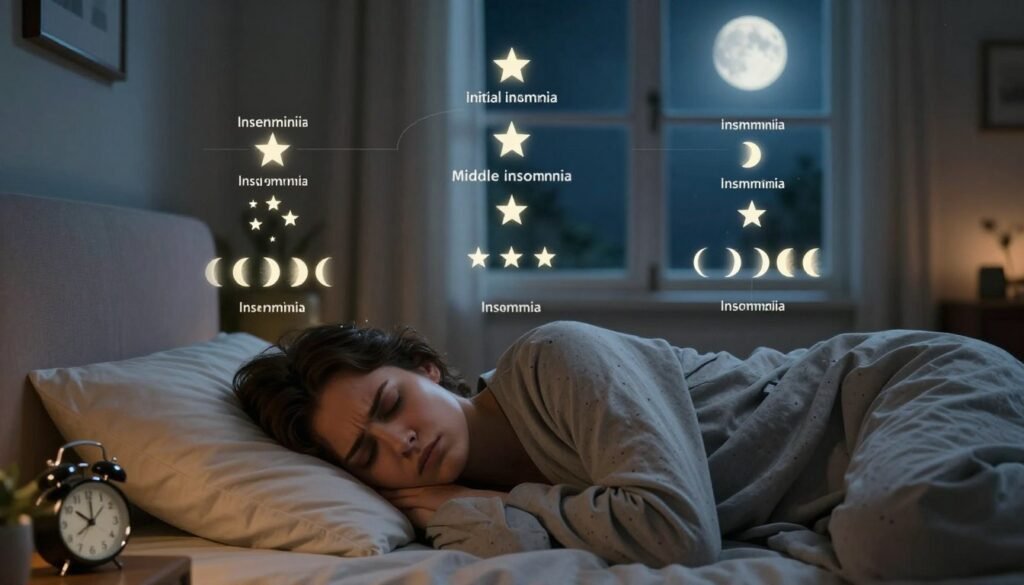 A serene bedroom environment depicting various types of insomnia and sleep patterns. In the foreground, a peaceful figure lying on a bed, dressed in comfortable sleepwear, appears restless with a furrowed brow, surrounded by a clock displaying different times. In the middle ground, an organized visual diagram illustrating various insomnia types, such as initial insomnia and middle insomnia, alongside calming symbols like stars and moon phases. The background features a softly lit window showing a night sky, with gentle moonlight casting a soothing glow. The overall mood is contemplative and educational, creating an atmosphere of understanding and support regarding sleep difficulties. The lighting should be soft and warm, enhancing a sense of calm and introspection.