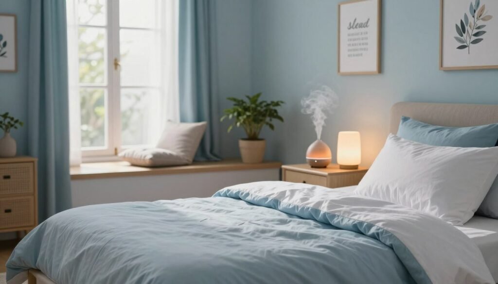 A serene bedroom scene capturing a "sleep hygiene and relaxation routine." In the foreground, a neatly made bed adorned with soft, calming colors—light blue and white bedding. A small bedside table holds a diffuser emitting gentle mist and a softly glowing lamp with warm light, creating a cozy atmosphere. In the middle ground, a meditation cushion sits near an open window, inviting in soft, dappled daylight. The walls are painted in soothing pastel shades, adorned with motivational sleep-related artwork. In the background, a potted plant adds a touch of nature. The overall mood is tranquil and calming, evoking a peaceful space perfect for relaxation and sleep preparation, ideal for promoting positive sleep habits.