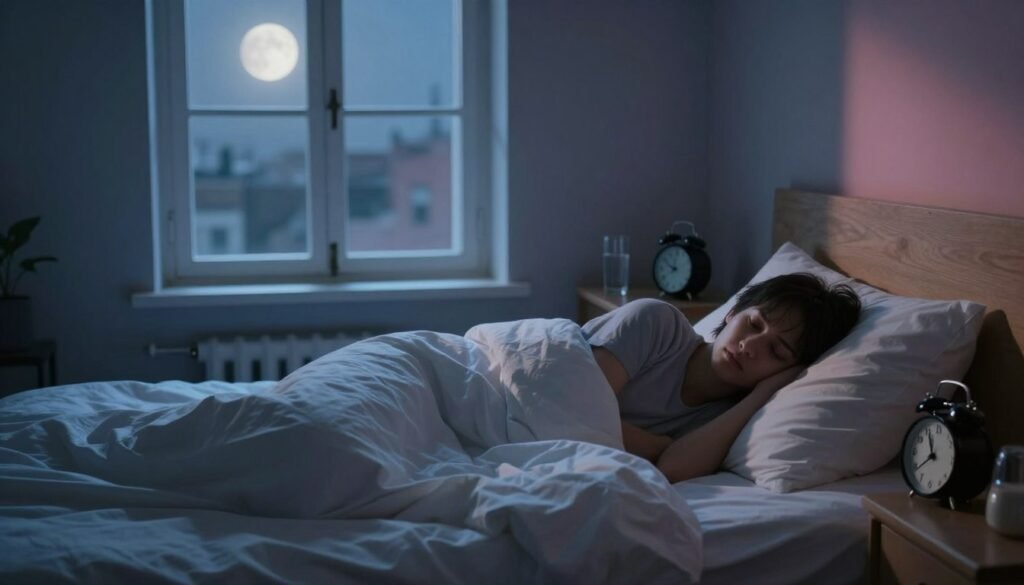A serene bedroom scene conveying the struggle of insomnia. In the foreground, a neatly made bed with rumpled sheets on one side, suggesting a person has been tossing and turning. A bedside table holds an alarm clock showing late hours and a glass of water, reflecting anxiety. In the middle ground, a window partially open, with soft moonlight casting gentle shadows across the floor, creating a soothing yet haunting atmosphere. The walls are painted in calming colors, contrasting the sense of restlessness. In the background, a quiet cityscape visible through the window, hinting at the bustling world outside, while the room remains tranquil. The overall lighting is soft and moody, evoking a sense of longing for peaceful sleep.