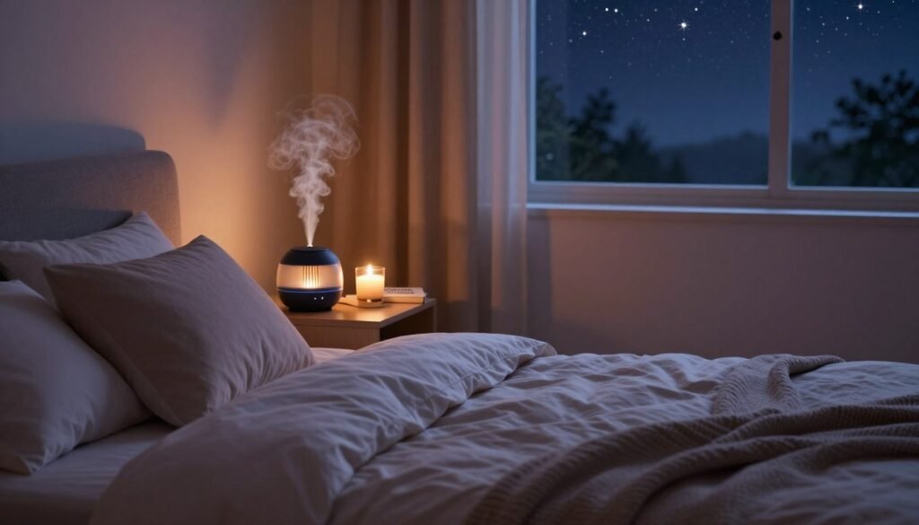 A serene bedroom scene designed to illustrate relaxation techniques for promoting deep sleep. The foreground features a comfortable bed with soft, inviting bedding, surrounded by soothing elements like an essential oil diffuser emitting gentle mist. In the middle, a small bedside table holds a lit candle and a book titled “Relaxation Techniques.” The background showcases dimly lit walls with calming colors, and a large window reveals a peaceful night sky filled with stars. Soft, warm lighting creates a tranquil atmosphere, enhancing the mood of serenity. The overall composition emphasizes harmony and peace, perfectly reflecting the essence of effective methods for better sleep. Focus on clarity and detail while ensuring a cozy, inviting ambiance.