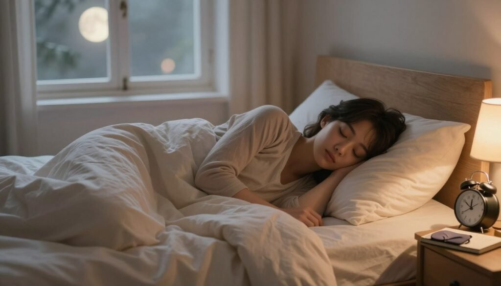 A serene bedroom scene focusing on a person peacefully sleeping in a comfortable bed with soft bedding, surrounded by calming elements like a small nightstand with a lamp and a gentle alarm clock. In the foreground, a cozy blanket is slightly pulled back, revealing a person in modest sleepwear. The background features a large window letting in gentle, diffused moonlight, casting a golden glow that creates a tranquil atmosphere. Subtle details like a sleeping mask and a journal for sleep evaluation rest on the nightstand, suggesting mindfulness about sleep quality. Use soft, warm lighting to evoke comfort and relaxation, with a shallow depth of field emphasizing the peaceful ambiance.