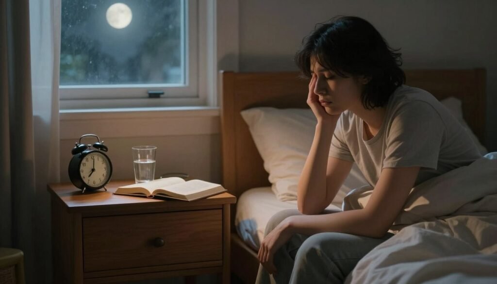 A serene bedroom scene highlighting the internal causes of sleep difficulties. In the foreground, a thoughtful person in modest casual attire sits on the edge of a bed, looking pensive. Soft, dim lighting casts a warm glow, enhancing the mood of contemplation. The middle ground features a bedside table cluttered with items like a clock displaying late hours, a glass of water, and an open book, symbolizing stress and anxiety. The background shows a window with curtains slightly drawn, allowing moonlight to filter in, evoking a peaceful yet restless atmosphere. The composition emphasizes a sense of struggle with insomnia, reflecting a myriad of internal factors affecting sleep, such as anxiety, stress, and worry. The overall mood is tranquil yet reflective of the challenges faced during sleepless nights.