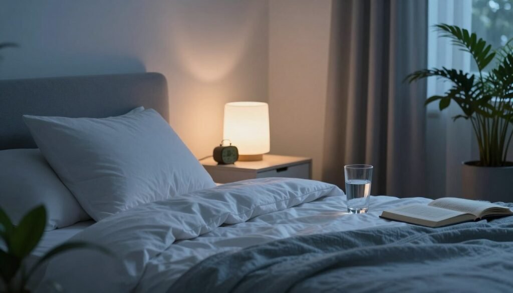 A serene bedroom scene illustrating sleep hygiene practices, emphasizing a calming atmosphere. In the foreground, there’s a neatly made bed with soft, inviting bedding, surrounded by plants for a touch of nature. A bedside table reflects a digital alarm clock displaying a suitable sleep time, alongside a glass of water and a book. In the middle, a softly illuminated nightstand lamp casts a warm glow across the room. In the background, curtains are drawn to create a darkened yet cozy ambiance. The color palette is soothing, featuring gentle blues and soft whites, evoking tranquility. The lighting is soft and diffused to suggest a peaceful evening. The overall mood is calming and restful, promoting the essence of healthy sleep habits.