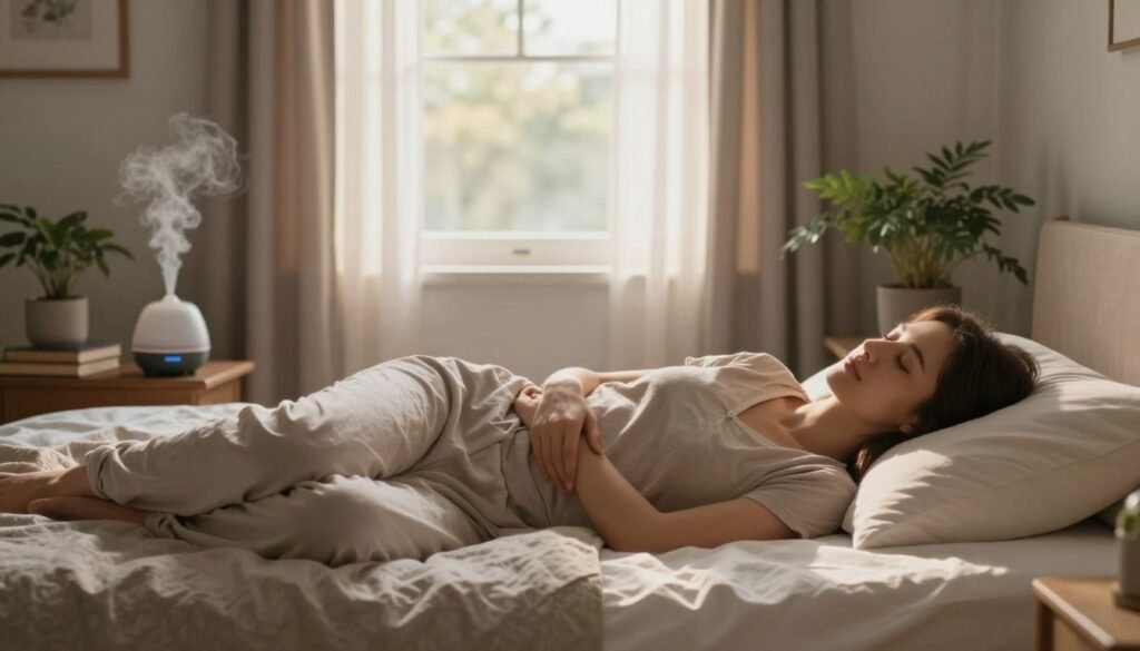 A serene bedroom scene that highlights the importance of sleep hygiene for physical and mental health. In the foreground, a peaceful figure lies in a neatly made bed, dressed in comfortable, modest sleepwear, with a gentle expression suggesting relaxation. The middle ground features soft, calming colors with a bedside table holding a diffuser emitting a gentle mist, and a few books about sleep hygiene. The background showcases a large window with flowing curtains, letting in soft, warm sunlight that creates a tranquil atmosphere. The scene is framed with natural elements like potted plants, adding a touch of freshness. The lighting is soft and inviting, enhancing the overall calm and peaceful mood of the image.