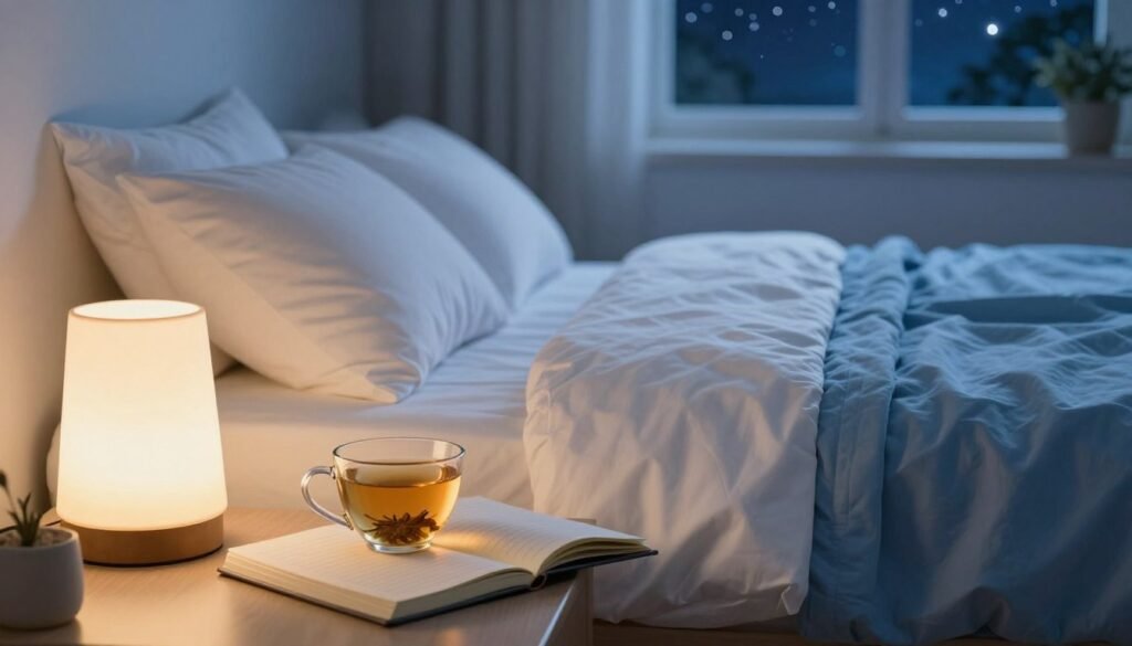 A serene bedroom setting at night, focusing on a bedside table with a warm, glowing lamp casting soft light. In the foreground, an open notebook rests beside a calming herbal tea, symbolizing sleep techniques and relaxation methods. The middle ground features a neatly made bed with crisp white sheets and a soothing blue blanket, evoking a sense of comfort. In the background, a window displays a gently illuminated night sky dotted with stars. The atmosphere is tranquil and inviting, encouraging restful sleep. Use soft, natural lighting to enhance warmth and peace, creating a feeling of comfort and relaxation. The image should evoke a sense of safety and well-being without any human subjects present.