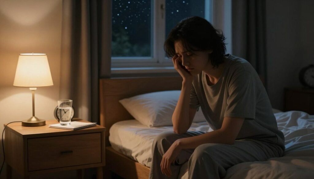 A serene bedroom setting at night, illuminated by soft, warm light from a bedside lamp. In the foreground, a person in modest sleepwear sits on the edge of a neatly made bed, their expression troubled and contemplative, as they look down at their hands. In the middle ground, a bedside table with a glass of water, a notepad, and a small clock showing late hours emphasize the struggle with insomnia. The background features a window with dark curtains drawn back slightly, revealing a starry night sky outside, creating a contrast between the peaceful night and the person's inner turmoil. The overall mood conveys a sense of quiet frustration and the quest for restful sleep.