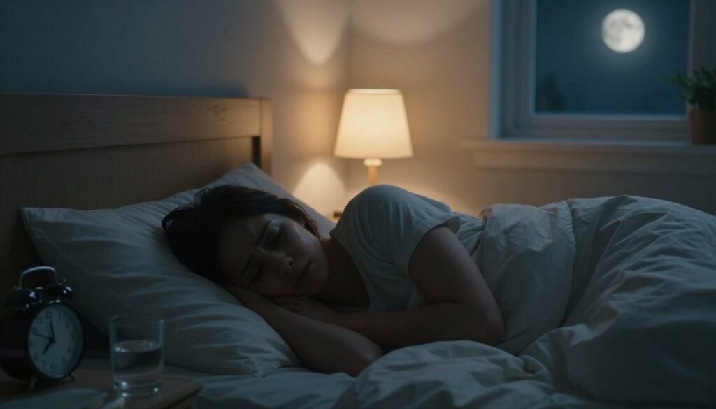 A serene bedroom setting at night, showcasing a person in bed with a distressed expression, indicating symptoms of sleep disorders. The foreground features soft, rumpled bedding and a bedside clock showing late hours. In the middle, a bedside lamp emits a warm, soft glow, casting gentle shadows on the wall, enhancing the feeling of unease. The background depicts a window with moonlight streaming in, creating a contrasting atmosphere of calm isolation. Include subtle details like a journal and a glass of water on the nightstand, hinting at insomnia-related habits. Capture the essence of fatigue with dark circles under the person’s eyes, reflecting a somber mood and the struggle with nighttime restlessness. The overall lighting should be low, evoking a sense of melancholy yet peaceful solitude. A serene bedroom setting at night, showcasing a person in bed with a distressed expression, indicating symptoms of sleep disorders. The foreground features soft, rumpled bedding and a bedside clock showing late hours. In the middle, a bedside lamp emits a warm, soft glow, casting gentle shadows on the wall, enhancing the feeling of unease. The background depicts a window with moonlight streaming in, creating a contrasting atmosphere of calm isolation. Include subtle details like a journal and a glass of water on the nightstand, hinting at insomnia-related habits. Capture the essence of fatigue with dark circles under the person’s eyes, reflecting a somber mood and the struggle with nighttime restlessness. The overall lighting should be low, evoking a sense of melancholy yet peaceful solitude.