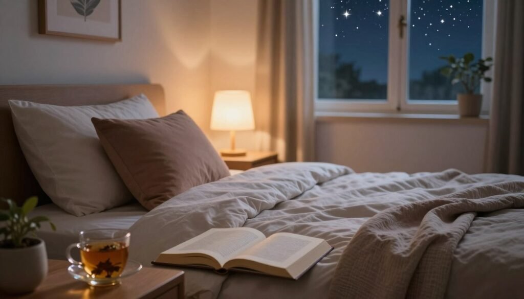 A serene bedroom setting designed for sleep hygiene, featuring a cozy, neatly made bed with soft linens. In the foreground, an open book and a small glass of herbal tea sit on a bedside table. In the middle, gentle lighting from a bedside lamp casts a warm glow over soothing decor like soft cushions and calming artwork. In the background, a window reveals a peaceful night scene, with stars twinkling in a clear sky. The atmosphere is tranquil and inviting, evoking a sense of relaxation and calm, emphasizing the importance of good sleep practices. The image should be professionally composed, with soft focus effects to enhance the mood, capturing the essence of restful sleep.