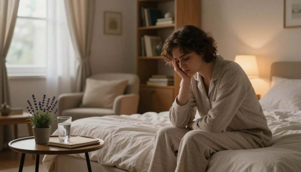 A serene bedroom setting illuminated by soft, warm lighting emanating from a bedside lamp. In the foreground, a person in comfortable, modest sleepwear sits on the edge of a neatly made bed, looking thoughtful and slightly distressed, with their head resting on one hand. Beside them, a small table is adorned with a glass of water, a sleep journal, and a lavender plant, symbolizing relaxation and calm. In the middle ground, the bed is flanked by a cozy armchair and a window with light curtains gently billowing in a soft breeze, providing a sense of tranquility. In the background, a bookshelf filled with self-help books and calming decor reinforces the theme of seeking solutions for restless nights. The overall mood is introspective yet hopeful, inviting viewers to consider practical solutions to sleep struggles.
