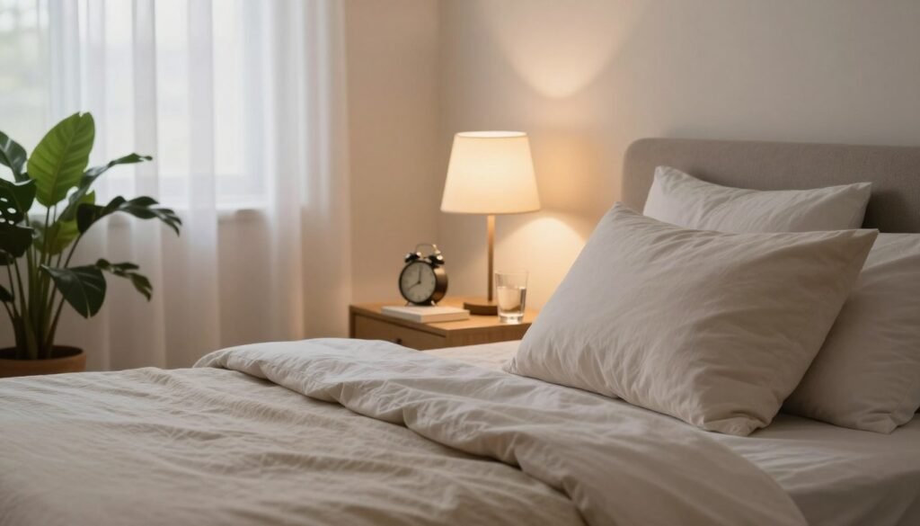 A serene bedroom setting promoting healthy sleep habits. In the foreground, a neatly made bed with soft, neutral bedding, featuring a plush pillow and a light throw. On a bedside table, a small clock and a book about sleep wellness lie next to a glass of water. In the middle, gentle ambient lighting emits from a stylish lamp, creating a warm, inviting atmosphere. A potted plant with lush green leaves adds a touch of nature. The background showcases a window with sheer curtains that allows soft morning light to filter through, emphasizing tranquility. Overall, the image conveys a peaceful, restful atmosphere, indicating that this space is conducive to healthy sleeping habits. A serene bedroom setting promoting healthy sleep habits. In the foreground, a neatly made bed with soft, neutral bedding, featuring a plush pillow and a light throw. On a bedside table, a small clock and a book about sleep wellness lie next to a glass of water. In the middle, gentle ambient lighting emits from a stylish lamp, creating a warm, inviting atmosphere. A potted plant with lush green leaves adds a touch of nature. The background showcases a window with sheer curtains that allows soft morning light to filter through, emphasizing tranquility. Overall, the image conveys a peaceful, restful atmosphere, indicating that this space is conducive to healthy sleeping habits.