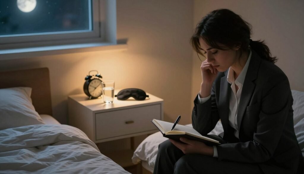 A serene bedroom setting showcasing different types of insomnia. In the foreground, a person in professional attire sits on the edge of a neatly made bed, looking pensive while holding a journal and pen, symbolizing the struggle of insomnia. In the middle ground, a gently illuminated nightstand features various sleep-related items: a clock showing different times, a glass of water, and a sleep mask. In the background, a window reveals a subtle night scene with a soft glow from the moon, creating an atmosphere of tranquility contrasted with the subject's turmoil. The lighting is warm and inviting, evoking a sense of calm amidst the challenges of sleeplessness. The angle is slightly from above, capturing both the individual and the surrounding elements to emphasize the complexity of insomnia types without any text or distractions.