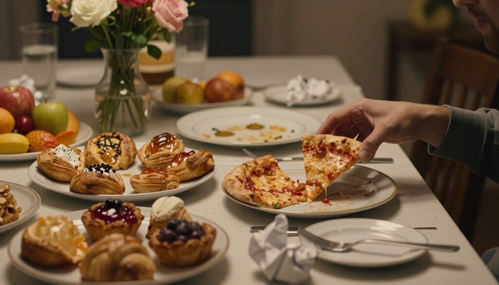 A serene, cluttered dining table filled with an array of comfort foods, including decadent pastries, pizza slices, and colorful fruits, reflecting both indulgence and excess. In the foreground, a hand reaches for a slice of cake, highlighting a moment of impulse. The middle ground features an empty plate and crumpled napkins, symbolizing overconsumption. The background includes warm, soft lighting that conjures an inviting yet overwhelming atmosphere. An elegant vase with fresh flowers sits on the side, contrasting the chaos of the table. The scene captures a blend of comfort and struggle related to binge eating, conveying an emotional connection to food. The overall mood is thoughtful and slightly chaotic, encapsulating the tension between enjoyment and loss of control. No people are present, focusing solely on the objects and their arrangement.