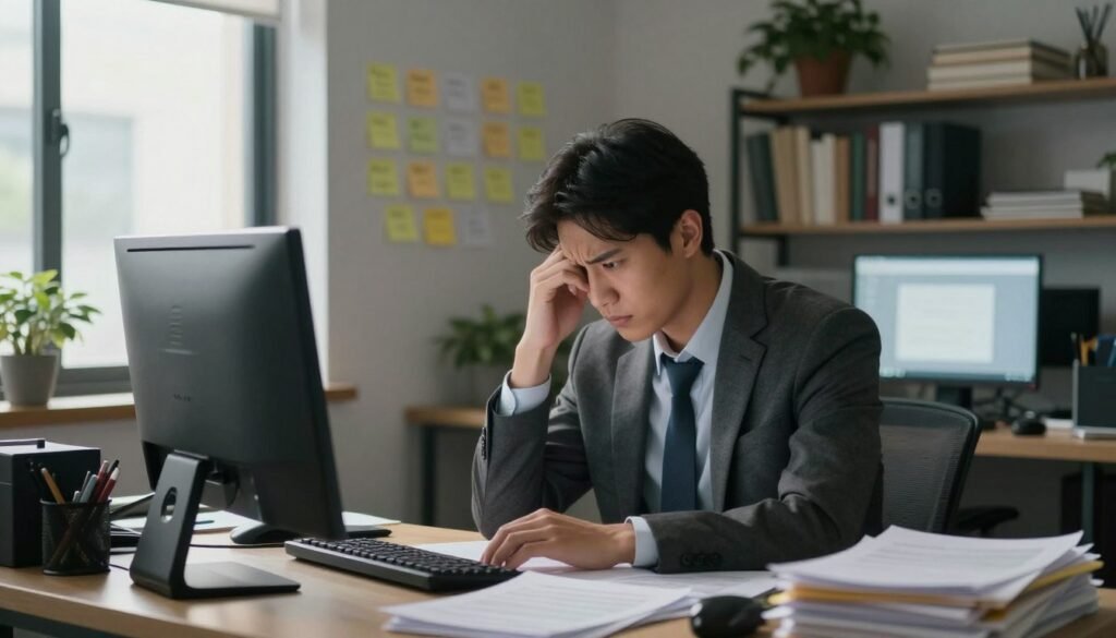 A serene, cluttered office space filled with paperwork and a computer, symbolizing the overwhelming nature of anxiety and accumulated stress. In the foreground, a young professional in business attire sits at a desk, with a furrowed brow, staring at a computer screen, illustrating signs of anxiety. An open window lets in gentle daylight, casting soft shadows across the room. In the middle ground, a wall is adorned with sticky notes of reminders and tasks, depicting the pressure of daily responsibilities. In the background, there are shelves filled with books and plants, with a slightly blurred effect to imply a sense of distance and distraction. The overall mood is tense yet hopeful, capturing the struggle of facing anxiety without clear causes amid a chaotic work environment. A serene, cluttered office space filled with paperwork and a computer, symbolizing the overwhelming nature of anxiety and accumulated stress. In the foreground, a young professional in business attire sits at a desk, with a furrowed brow, staring at a computer screen, illustrating signs of anxiety. An open window lets in gentle daylight, casting soft shadows across the room. In the middle ground, a wall is adorned with sticky notes of reminders and tasks, depicting the pressure of daily responsibilities. In the background, there are shelves filled with books and plants, with a slightly blurred effect to imply a sense of distance and distraction. The overall mood is tense yet hopeful, capturing the struggle of facing anxiety without clear causes amid a chaotic work environment.
