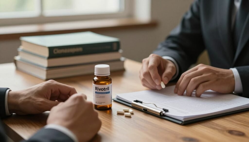 A serene, contemplative scene centered around a bottle of Clonazepam with some pills scattered nearby, set on a wooden table. In the foreground, a pair of hands in professional attire, gently holding a capsule, symbolizing the exploration of the topic. In the middle background, a blurred stack of medical books and a notepad with notes regarding myths and truths about Rivotril, subtly conveying a sense of inquiry and research. Soft, natural lighting filters through a nearby window, casting a warm glow over the scene, enhancing the mood of introspection and concern. The overall atmosphere is educational yet approachable, inviting viewers to reflect on the complexities surrounding Clonazepam dependence.