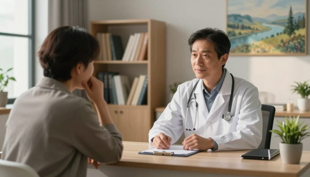 A serene, cozy clinic interior featuring a compassionate doctor sitting at a desk, attentively listening to a patient expressing concerns about anxiety. The doctor is wearing professional attire, radiating a warm, approachable vibe. The patient, dressed in modest casual clothing, appears thoughtful and engaged. In the foreground, a small potted plant adds a touch of calmness. In the middle, shelves filled with medical books and a calming landscape painting are visible, enhancing the supportive atmosphere. Soft, natural lighting filters through a nearby window, casting gentle shadows, suggesting a warm and inviting environment. The overall mood is one of comfort, trust, and professionalism, encapsulating the importance of seeking specialized medical guidance for anxiety concerns.