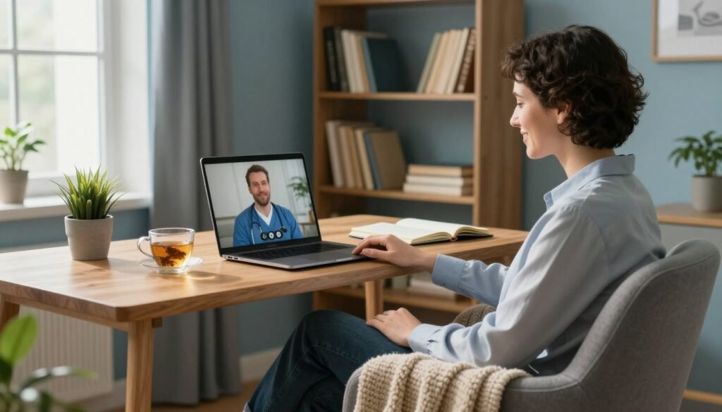 A serene home office scene that embodies comfort and professionalism, showcasing a cozy corner with a plush armchair and a warm throw blanket. In the foreground, a person in smart casual attire, with a slight smile, sits in the chair, engaged in a video consultation on a sleek laptop. The middle layer features a wooden desk adorned with a cup of herbal tea, an open notebook, and a potted plant for a touch of nature. Soft, natural light streams in through a window, casting a gentle glow across the room, creating an inviting atmosphere. The background features bookshelves lined with well-organized books and a calming color palette of soft blues and neutrals, enhancing the mood of tranquility and accessibility in healthcare at home.
