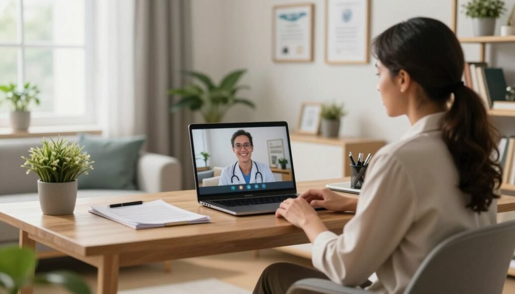 A serene home office setting featuring a psychiatrist engaging in a remote consultation with a patient via a laptop. In the foreground, the psychiatrist, a diverse woman in professional attire, is sitting comfortably in a well-lit room adorned with calming colors and personal touches like plants and bookshelves. The middle ground shows the laptop screen displaying a friendly, professional face of the patient participating from their home. In the background, a wall with framed certificates and artwork adds to the professional environment. Soft, natural lighting pours in from a window, creating a warm and inviting atmosphere. The image conveys a sense of connection and modernity in mental health care, emphasizing the remote aspect without distractions.