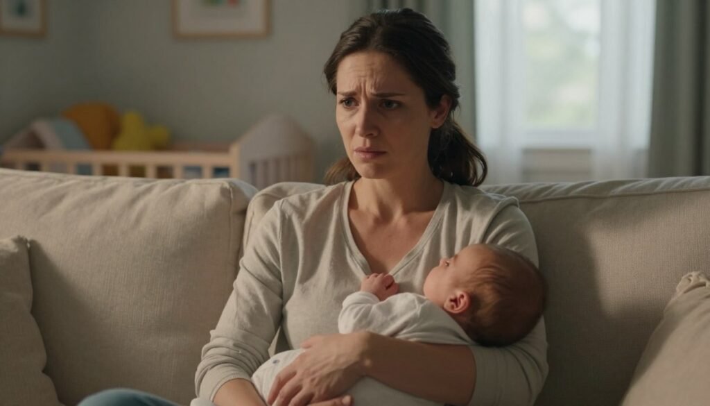 A serene indoor environment portraying a woman in a modest casual outfit, seated on a soft, light-colored sofa, visibly expressing a mixture of anxiety and contemplation. Her face shows subtle distress, with furrowed brows and a worried gaze, while she holds a newborn baby in her arms. In the background, a colorful nursery reflects warmth and tenderness, with soft lighting creating a calming atmosphere. Gentle shadows play across the room to enhance the mood of introspection. A window with light streaming in adds a sense of hope, contrasting her emotional struggle. Capture the essence of postpartum anxiety with a focus on the connection between the mother and her infant, emphasizing the poignant difference from postpartum depression. A serene indoor environment portraying a woman in a modest casual outfit, seated on a soft, light-colored sofa, visibly expressing a mixture of anxiety and contemplation. Her face shows subtle distress, with furrowed brows and a worried gaze, while she holds a newborn baby in her arms. In the background, a colorful nursery reflects warmth and tenderness, with soft lighting creating a calming atmosphere. Gentle shadows play across the room to enhance the mood of introspection. A window with light streaming in adds a sense of hope, contrasting her emotional struggle. Capture the essence of postpartum anxiety with a focus on the connection between the mother and her infant, emphasizing the poignant difference from postpartum depression.
