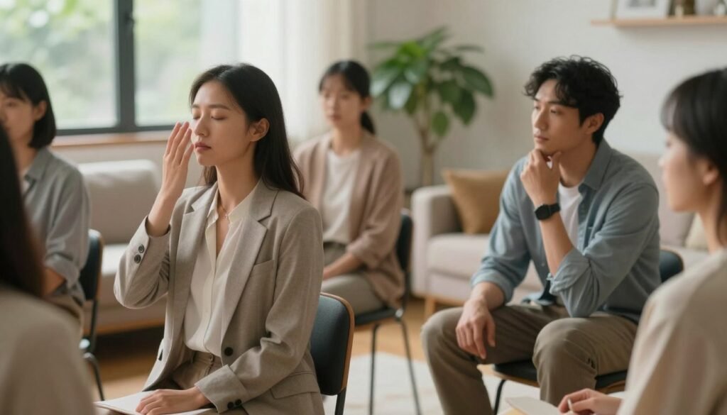 A serene indoor environment showcasing a diverse group of individuals in a cozy, supportive setting. In the foreground, a calm woman in professional business attire is practicing deep breathing exercises, her face reflecting tranquility. To her right, a thoughtful man in modest casual clothing is sharing his thoughts with a small group, fostering a sense of community. In the background, soft, natural light filters through large windows, creating a warm and inviting atmosphere. Plants and comfortable seating enhance the feeling of safety and openness. The composition emphasizes emotional connection and practical strategies for managing social anxiety, encapsulating a mood of hope and cooperation. Use a soft focus lens effect to evoke a tranquil ambiance, while keeping the image clear and engaging.