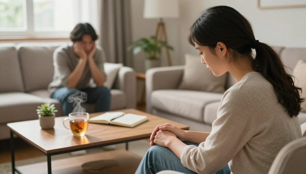 A serene indoor setting depicting a cozy, softly lit living room. In the foreground, a compassionate individual in modest casual clothing is seated next to a person looking pensive and withdrawn, symbolizing support. The individual exudes warmth, gently holding the other's hand. In the middle background, a coffee table is adorned with comforting items: a steaming cup of herbal tea, a journal, and a small plant, suggesting a nurturing atmosphere. The walls have calming colors, and a large window allows soft, natural light to filter in, casting gentle shadows. The overall mood is one of empathy and understanding, illustrating practical strategies for supporting someone with depression, with no visible text or distractions.