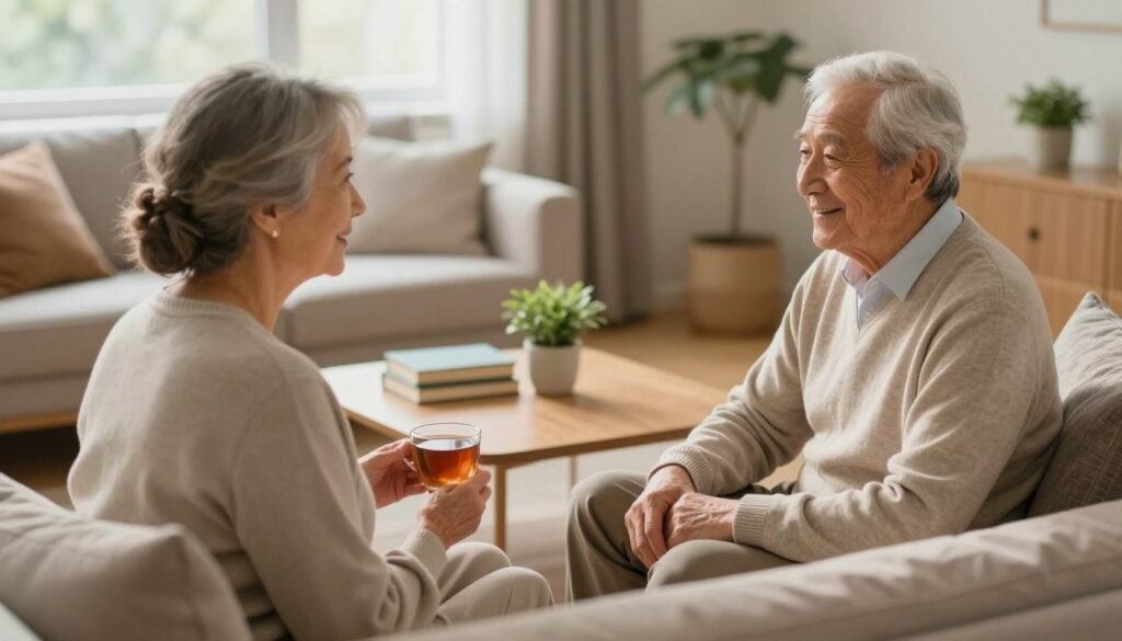 A serene indoor setting focused on the mental health care of elderly individuals. In the foreground, an elderly couple is engaged in a comforting conversation, sitting on a cozy couch adorned with soft pillows. The woman is wearing modest, casual clothing, holding a cup of tea, while the man, dressed in a light sweater, is smiling gently. In the middle background, a coffee table is neatly arranged with books on mental wellness and a small plant, symbolizing growth and care. The background features a subtle window scene, allowing soft, warm natural light to illuminate the room, creating a peaceful and inviting atmosphere. The overall mood is one of support, warmth, and tranquility, emphasizing practical care for elderly mental health.