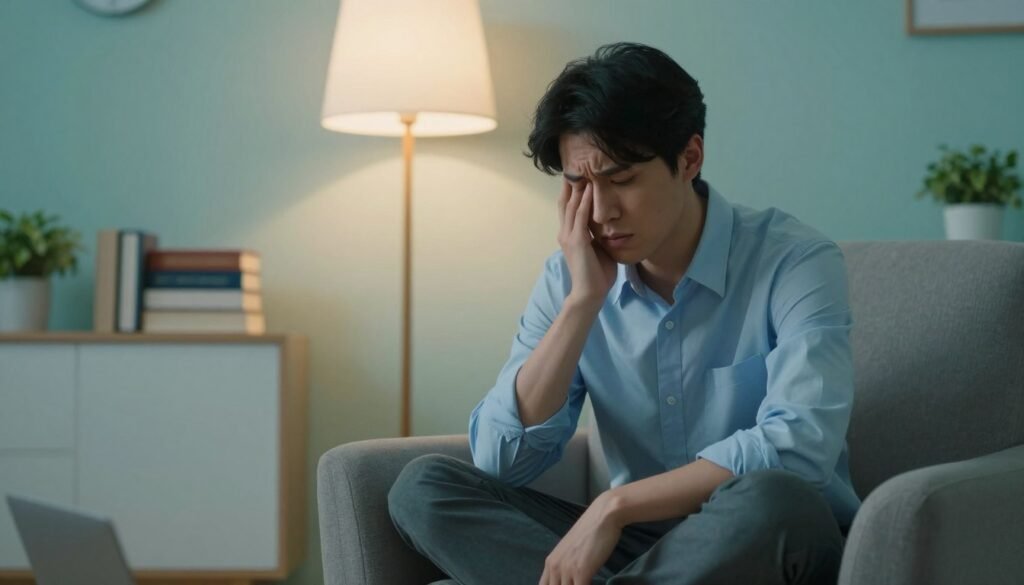 A serene indoor setting illustrating the theme of anxiety as a mental health disorder. In the foreground, a young adult sitting cross-legged on a cozy armchair, wearing professional casual clothing, with a thoughtful expression, legs slightly shaking, symbolizing internal tension. In the middle ground, soft shadows cast by a lamp, with a calming pastel color palette of blues and greens to evoke a sense of tranquility amid turmoil. In the background, blurred images of medical books and plants, representing healing and understanding. The lighting is warm and inviting, with the focus on the subject's face to convey emotion. The overall mood is contemplative and reflective, capturing the complexity of understanding anxiety.