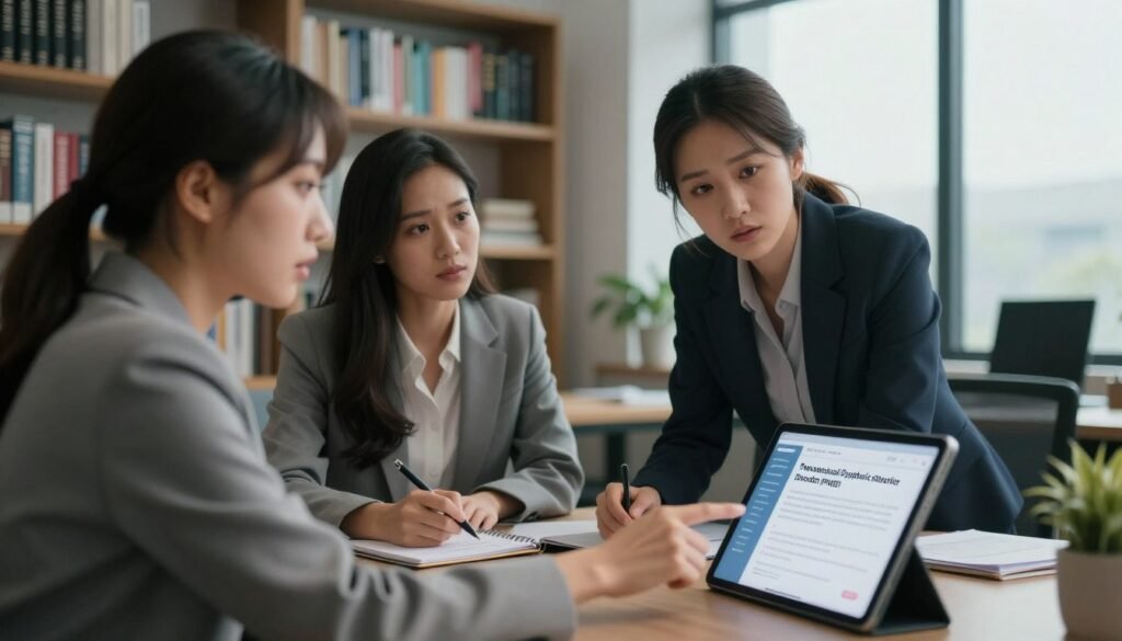 A serene indoor setting in a modern office space, where three diverse women in professional business attire are engaged in focused discussion, surrounded by digital devices showcasing health-related information. In the foreground, one woman points at a tablet displaying symptoms of Premenstrual Dysphoric Disorder (PMDD), her expression reflecting curiosity and concern. In the middle, a second woman takes notes with a concentrated look, while the third woman, leaning slightly forward, listens intently. The background features bookshelves filled with medical literature and a large window showing soft, natural light entering the room, creating a calm and informative atmosphere. The mood is one of empowerment and support, emphasizing the importance of knowledge in addressing health concerns. The angle captures a dynamic teamwork vibe, inviting viewers into the discussion.