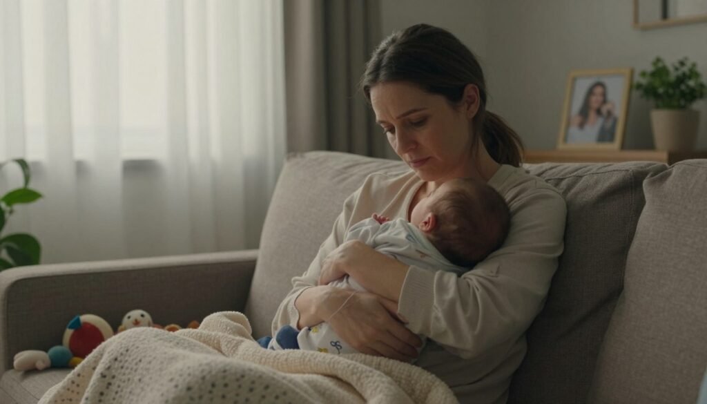 A serene indoor setting portraying a mother sitting on a cozy sofa, gently cradling her newborn baby, with a thoughtful and slightly anxious expression. The foreground features soft blankets and toys scattered nearby, symbolizing the recent transition into motherhood. In the middle ground, a soft, natural light filters through sheer curtains, creating a warm yet somber atmosphere. A framed picture of the mother with her partner can be faintly seen on a nearby shelf, representing support. The background showcases a peaceful room with plants and calming colors, conveying a sense of nurturing. The focus is on the emotional depth of postpartum anxiety without depicting distress, highlighting both love and the weight of responsibility in a tender, relatable way. A serene indoor setting portraying a mother sitting on a cozy sofa, gently cradling her newborn baby, with a thoughtful and slightly anxious expression. The foreground features soft blankets and toys scattered nearby, symbolizing the recent transition into motherhood. In the middle ground, a soft, natural light filters through sheer curtains, creating a warm yet somber atmosphere. A framed picture of the mother with her partner can be faintly seen on a nearby shelf, representing support. The background showcases a peaceful room with plants and calming colors, conveying a sense of nurturing. The focus is on the emotional depth of postpartum anxiety without depicting distress, highlighting both love and the weight of responsibility in a tender, relatable way.