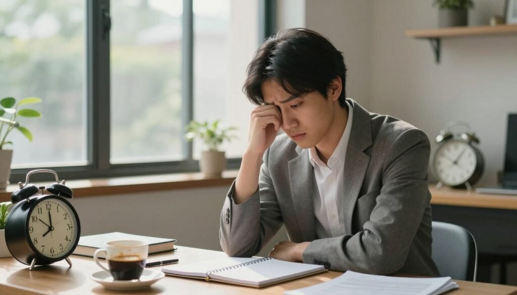 A serene indoor setting with soft, natural light filtering through a large window, casting gentle shadows across the room. In the foreground, a thoughtful young professional, dressed in modest business attire, sits at a table with a notepad, reflecting on their feelings. Their expression conveys concern yet determination, symbolizing the importance of mental health awareness. Surrounding them are various visual cues representing signs of mental health distress—like a clock showing late hours, a cluttered workspace, and a half-empty cup of coffee. In the background, calming plants add a touch of nature and tranquility. The atmosphere is warm yet introspective, capturing the essence of recognizing the need for mental wellness attention.