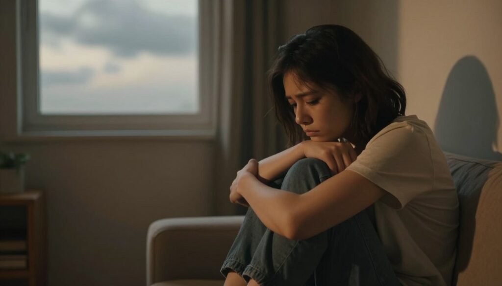 A serene, introspective scene depicting the emotional landscape of generalized anxiety disorder. In the foreground, a person sits in a cozy, softly lit room, arms wrapped around their knees, looking contemplative, dressed in modest casual clothing. The middle ground features subtle visual elements representing anxiety—such as shadows that appear to loom or curl around them, symbolizing the weight of worry. In the background, a window shows a cloudy sky, creating a feeling of uncertainty and inner turmoil. The lighting is warm yet dim, evoking a sense of comfort and vulnerability. The overall mood is a blend of introspection and gentle tension, conveying the complexity of living with anxiety.