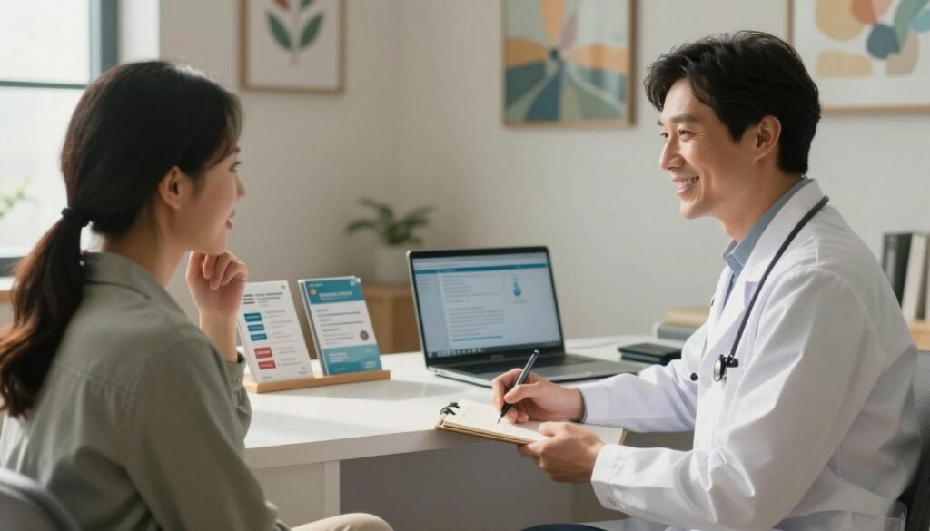 A serene, inviting medical office scene focused on a compassionate healthcare professional consulting with a patient. In the foreground, the professional, dressed in a white coat, sits across a desk, actively listening and taking notes; their warm smile conveys empathy. The patient, wearing modest casual clothing, looks engaged and thoughtful. In the middle ground, a well-organized desk showcases health pamphlets and a laptop displaying health information. The background features calming artwork and soft lighting, creating a peaceful atmosphere. The room is bathed in natural light filtering through a window, emphasizing a sense of hope and support. The overall mood is one of professionalism and warmth, encouraging individuals to seek specialized medical care for their emotional well-being.