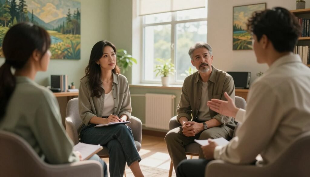 A serene, inviting office environment with a soft, warm glow from natural light streaming through a large window. In the foreground, a diverse group of three individuals—one woman and two men—are seated on comfortable chairs, engaged in a calm discussion about mental health. The woman is holding a notepad, looking attentive and empathetic, while one man offers supportive gestures. The background features soothing paintings of nature on the walls and a bookshelf filled with books on mental wellness. The overall ambiance is peaceful and supportive, conveying a sense of seeking help and understanding in a professional setting. The image showcases a warm color palette, focusing on soft greens and browns to evoke tranquility, captured with a slightly blurred depth of field to emphasize the subjects.