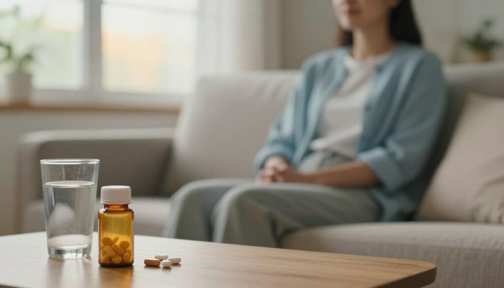 A serene, inviting setting representing the healing journey of depression medication. In the foreground, a subtle image of a pill bottle and a glass of water on a wooden table, suggesting the act of taking medication. In the middle ground, a soft-focus depiction of a person sitting peacefully on a couch, dressed in comfortable, modest clothing, reflecting a sense of calm and hope. The background features gentle, warm lighting with soft, muted colors like light blue and beige, evoking tranquility and well-being. A large window shows a sunny day outside, symbolizing the gradual improvement in mood. This composition captures the essence of patience and the expectation of healing over time in a compassionate and uplifting atmosphere. A serene, inviting setting representing the healing journey of depression medication. In the foreground, a subtle image of a pill bottle and a glass of water on a wooden table, suggesting the act of taking medication. In the middle ground, a soft-focus depiction of a person sitting peacefully on a couch, dressed in comfortable, modest clothing, reflecting a sense of calm and hope. The background features gentle, warm lighting with soft, muted colors like light blue and beige, evoking tranquility and well-being. A large window shows a sunny day outside, symbolizing the gradual improvement in mood. This composition captures the essence of patience and the expectation of healing over time in a compassionate and uplifting atmosphere.