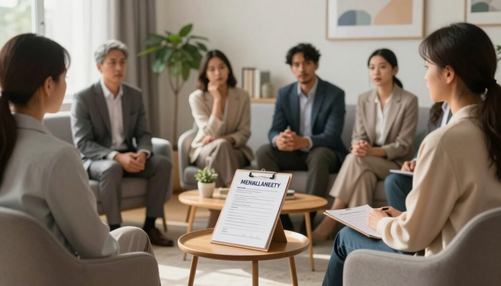 A serene, inviting therapist's office serving as the foreground, featuring a comfortable chair and a small table with a mental health questionnaire prominently displayed. In the middle ground, a diverse group of individuals, dressed in professional business attire, are engaged in a thoughtful discussion about anxiety, showcasing a range of emotions from contemplation to relief. The background depicts a calming, softly lit room with plants and soothing artwork, enhancing the atmosphere of support and understanding. Natural light streams through a window, casting gentle shadows, creating a warm and reassuring vibe that reflects the importance of mental health awareness and the journey to understanding anxiety. The overall mood should evoke hope and clarity. A serene, inviting therapist's office serving as the foreground, featuring a comfortable chair and a small table with a mental health questionnaire prominently displayed. In the middle ground, a diverse group of individuals, dressed in professional business attire, are engaged in a thoughtful discussion about anxiety, showcasing a range of emotions from contemplation to relief. The background depicts a calming, softly lit room with plants and soothing artwork, enhancing the atmosphere of support and understanding. Natural light streams through a window, casting gentle shadows, creating a warm and reassuring vibe that reflects the importance of mental health awareness and the journey to understanding anxiety. The overall mood should evoke hope and clarity.