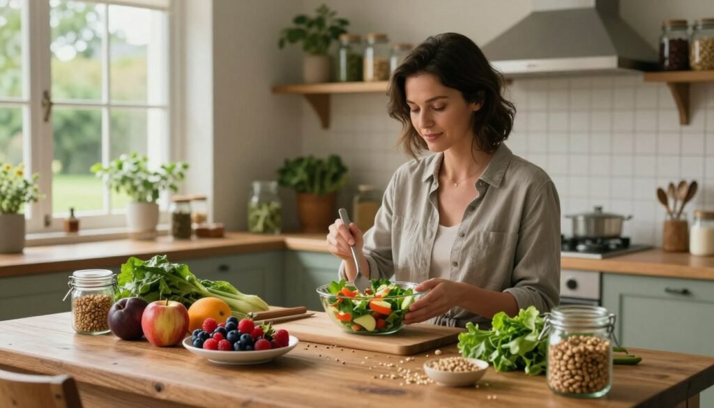 A serene kitchen setting bathed in soft, natural light, featuring a rustic wooden table adorned with fresh, colorful fruits, vegetables, and whole grains. In the foreground, a bowl of vibrant mixed berries, a plate of leafy greens, and a jar of nuts suggest a healthy, balanced diet. In the middle ground, a professional woman in modest casual clothing prepares a colorful salad, her expression focused and relaxed, reflecting a sense of calm. In the background, shelves display jars of herbs and spices, and a window with a view of a peaceful garden enhances the atmosphere. The overall mood is uplifting and soothing, symbolizing emotional well-being through dietary choices.