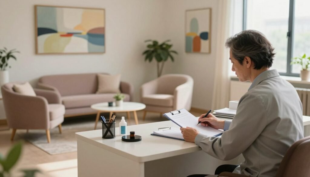 A serene medical office dedicated to psychiatry, with a warm and inviting atmosphere. In the foreground, a psychiatrist, a middle-aged individual in professional attire, is sitting at a well-organized desk, reviewing patient notes thoughtfully. In the middle ground, a comfortable seating area with plush chairs and a small coffee table is visible, creating a welcoming environment for patients. The background features calming artwork on the walls, such as abstract paintings in soft colors, and a window allowing natural light to stream in, illuminating the space. The lighting is soft and gentle, enhancing the peaceful mood. The angle is slightly elevated, providing a comprehensive view of the office, evoking professionalism, empathy, and a sense of safety.