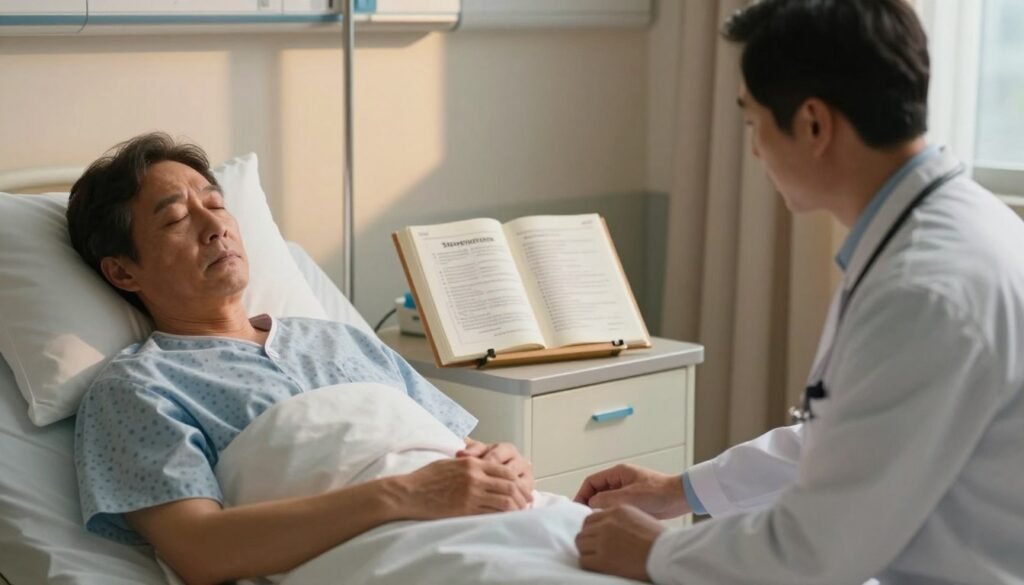 A serene medical-themed scene depicting a peaceful hospital room. In the foreground, a doctor in professional attire examines a patient lounging comfortably in a hospital bed, looking relaxed yet contemplative. The patient, a middle-aged individual, appears slightly weary, reflecting the fatigue associated with excessive sleepiness due to illness. In the middle ground, medical charts and an open book about sleep disorders rest on a bedside table, symbolizing knowledge about conditions causing fatigue. The background shows soft, warm lighting with gentle shadows, creating a calm atmosphere, while medical equipment is subtly visible, enhancing the professionalism of the setting. The overall mood is tranquil yet informative, inviting the viewer to consider the serious implications of excessive sleepiness and related medical conditions.